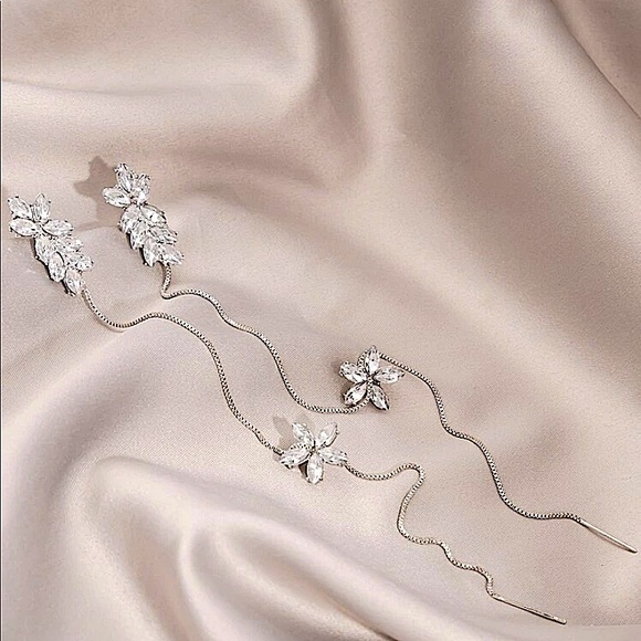 SILVER RHINESTONE FLOWER EAR CUFF THREADER CLIMBER EARRINGS - Picture 3 of 5